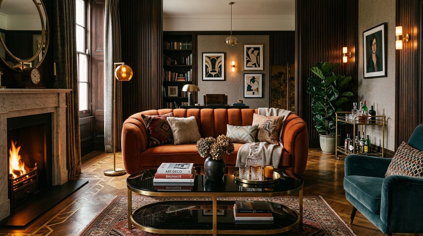 Living room with dark wood paneling, an orange channel-tufted sofa, a black coffee table, and a fireplace.