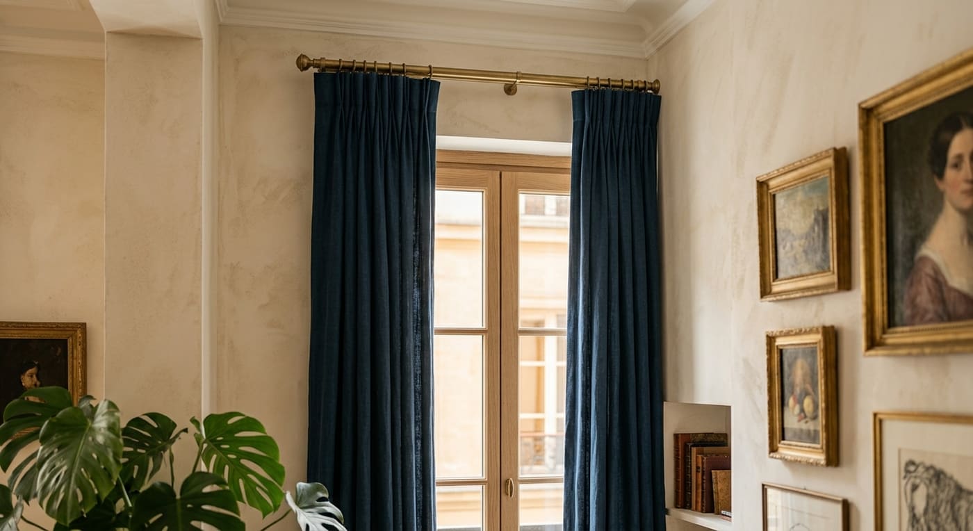 Close-up of blue pleated curtains on a brass curtain rod above a wooden window.