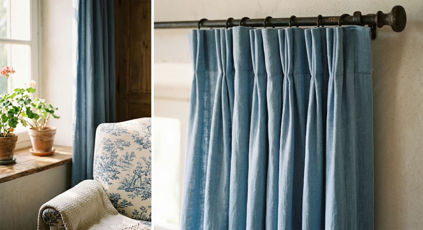 Split image showing an armchair near a window on the left and a close-up of blue pleated curtains on a metal rod on the right.