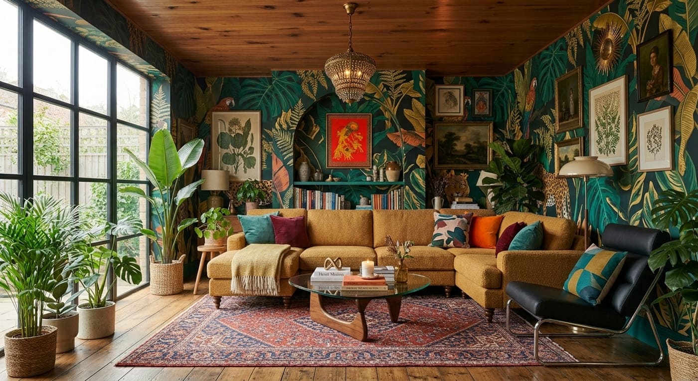 Living room with botanical wallpaper, a yellow sectional sofa, glass coffee table, and tropical plants.