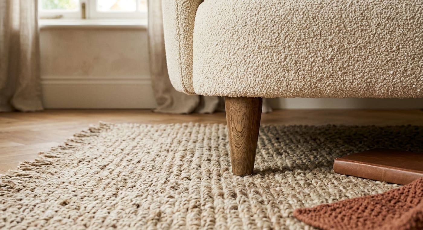 Close-up of a cream boucle sofa leg resting on a textured jute area rug.