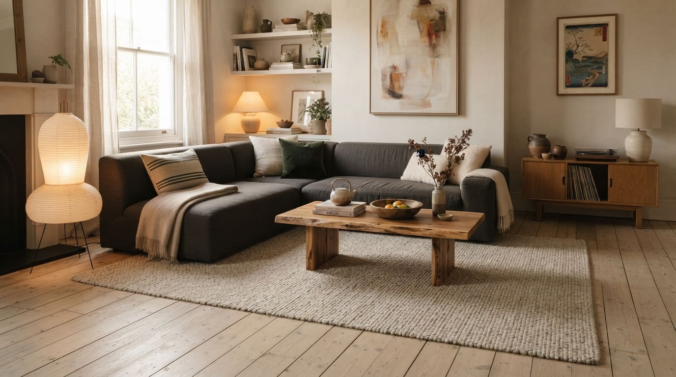 Living room with a dark sectional sofa, wood coffee table, cream rug, and unique floor lamp.