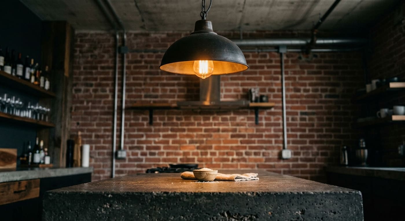 Industrial kitchen with a concrete island, dark metal pendant light, and exposed ceiling pipes.