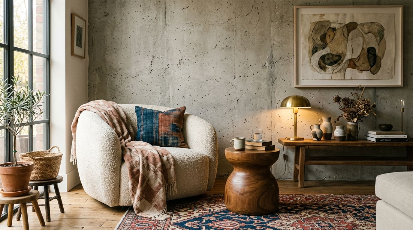 Living room corner featuring a white boucle armchair, concrete wall, wooden side table, and brass lamp.