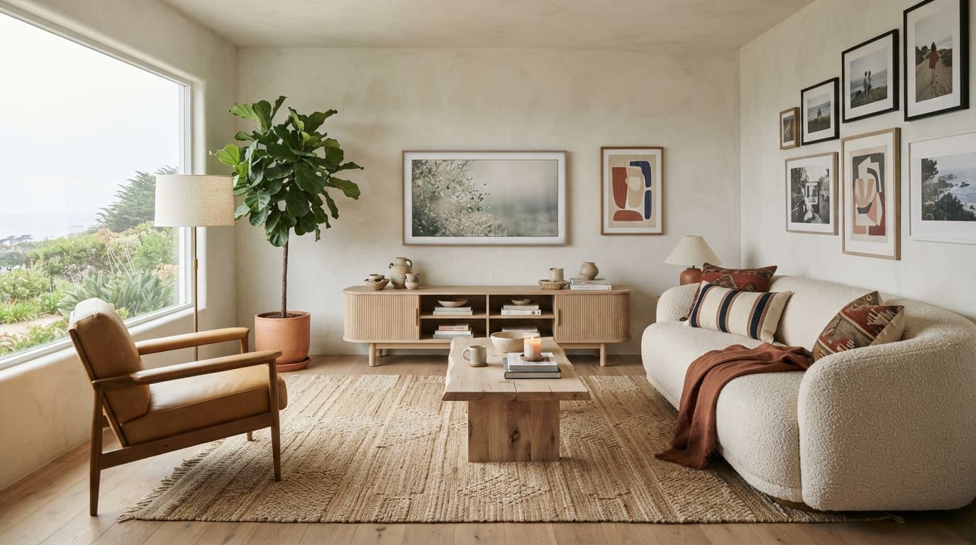 Living room with a cream curved sofa, wooden coffee table, media console, and gallery wall.