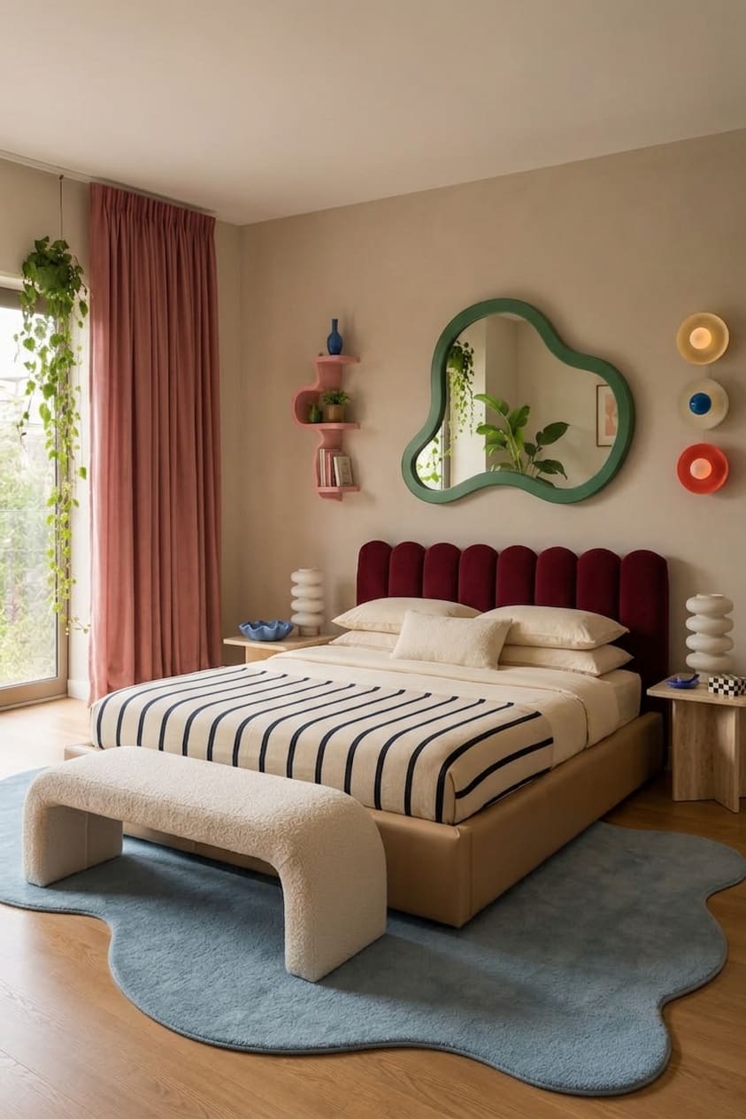 Bedroom with a tan tufted headboard, curved boucle bench, organic wall mirror, and blue cloud rug.