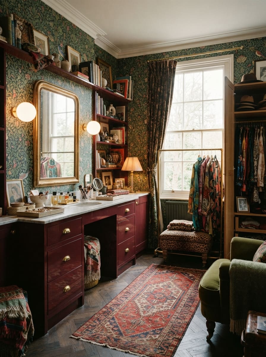 Dressing room with a dark red vanity, marble top, wall sconces, mirror, and patterned runner rug.