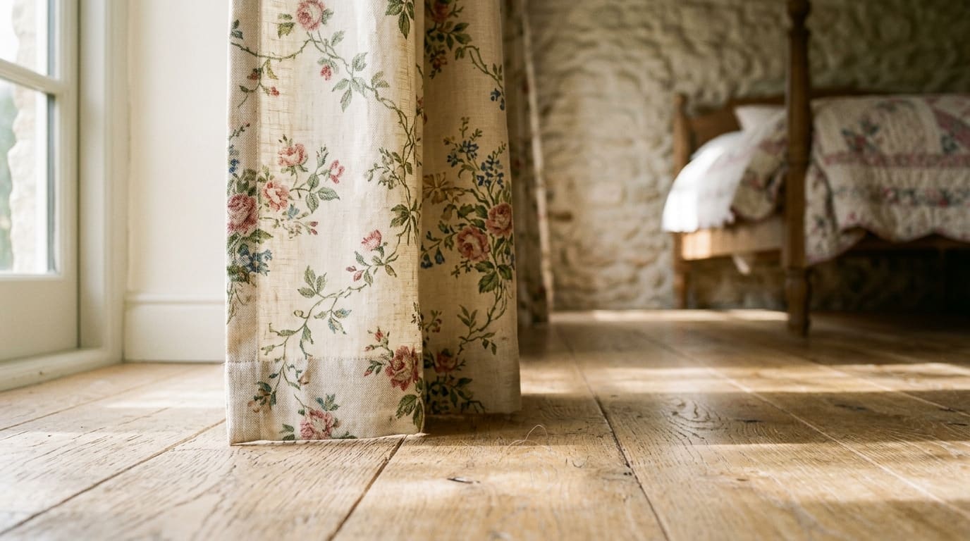 Close-up of patterned floral curtains pooling on wood flooring with a rustic bedroom in the background.