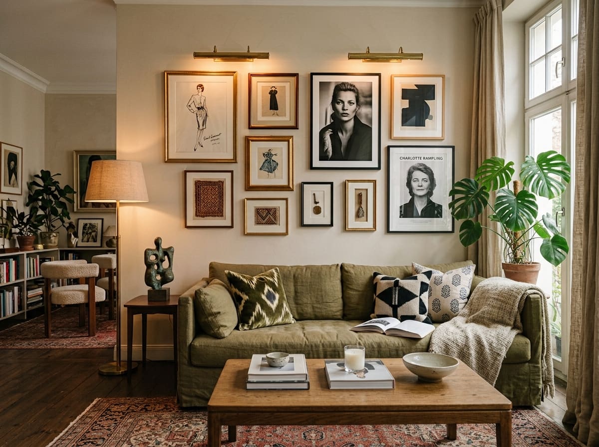 Living room featuring a green linen sofa, gallery wall, wooden coffee table, and a potted monstera plant.