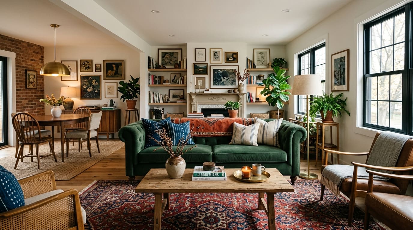 Living room with a green velvet sofa, wooden coffee table, and an open-plan dining area in the background.