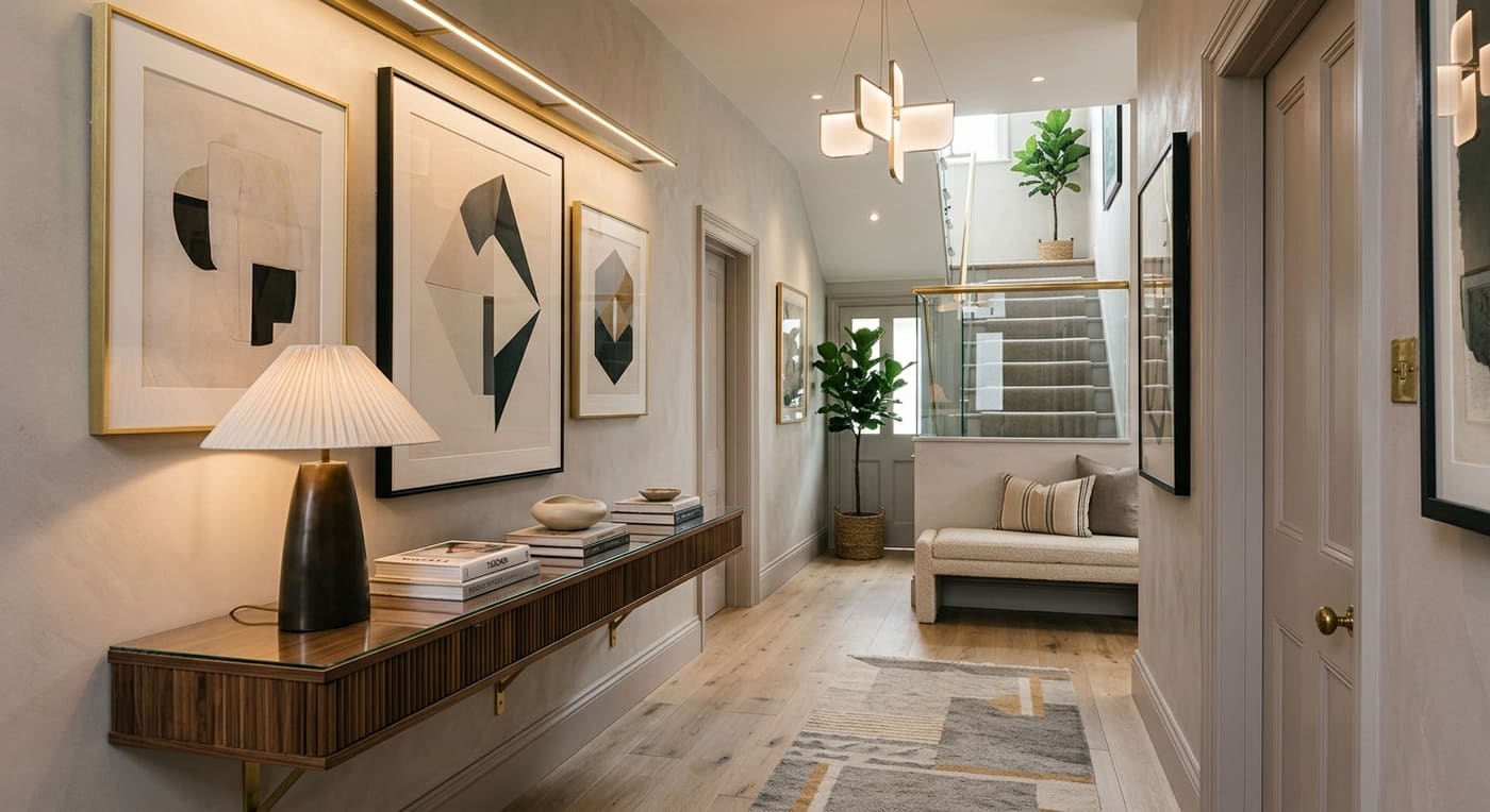 Hallway featuring a floating wooden console table, abstract art, lighting, and a geometric runner rug.