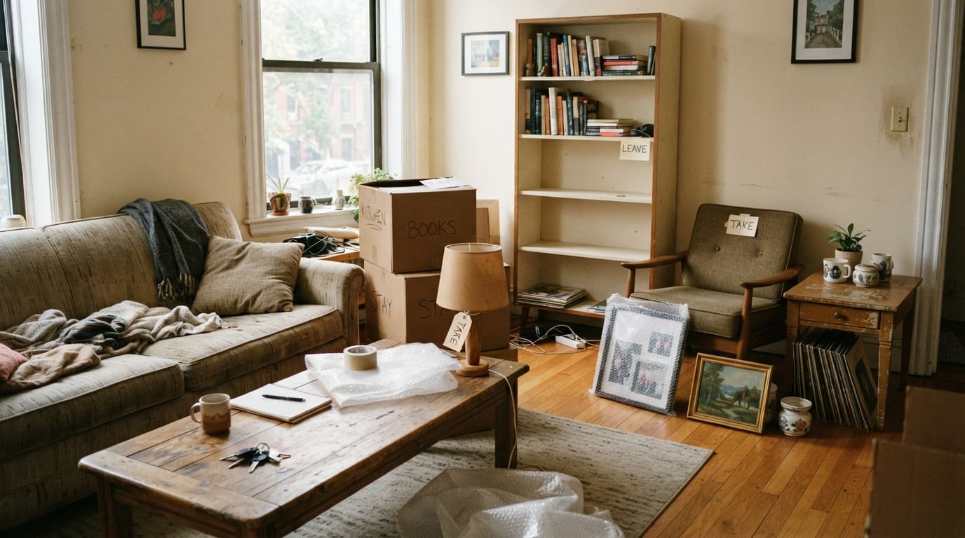 Living room being packed for a move, with a sofa, bookcase and armchair carrying tags that say keep, take and leave.