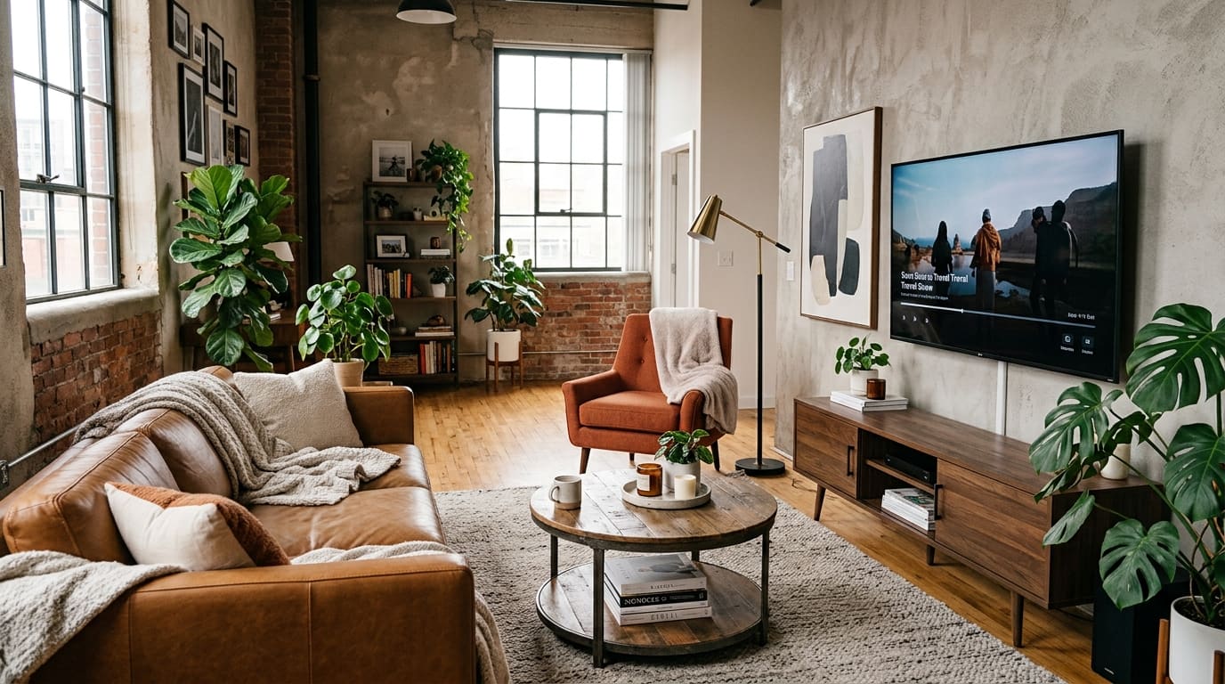 Loft living room with a wall-mounted television above a walnut console, facing a leather sofa across a round coffee table.