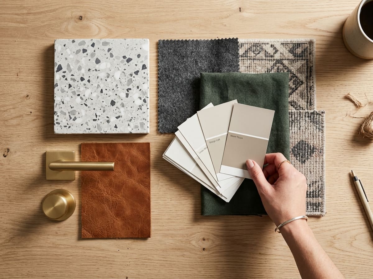 Flat lay view of a hand holding paint sample cards over fabric, leather, terrazzo tile, and textile swatches on a wooden table.