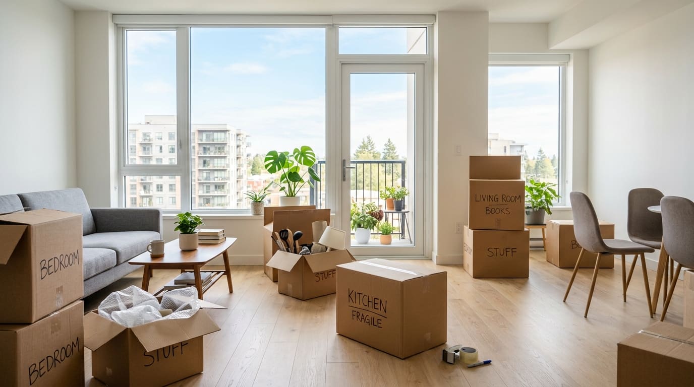 Bright apartment living room on moving day with labeled cardboard boxes, a gray sofa and a balcony door.