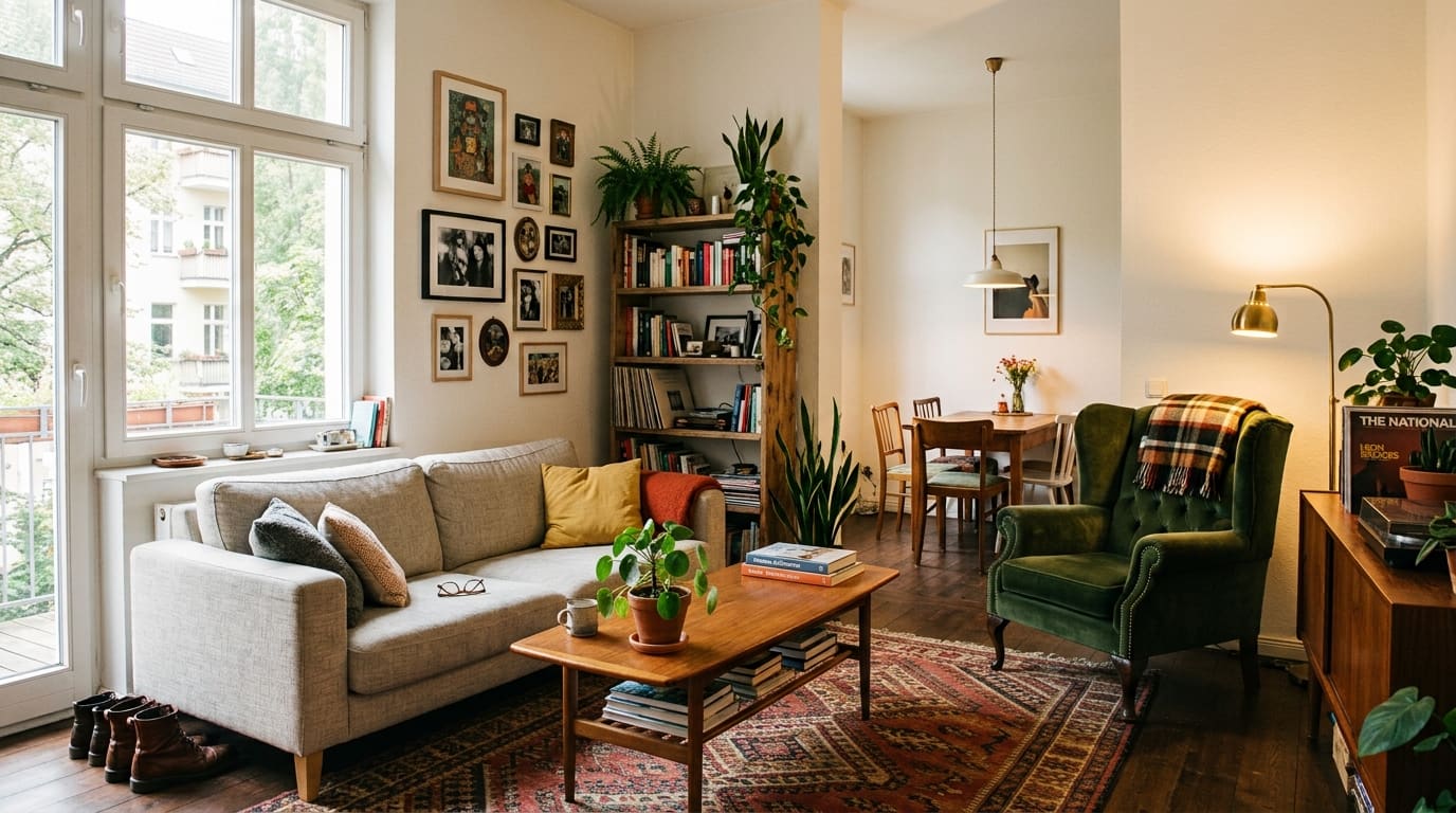 Lived-in living room that mixes a light sofa, a green velvet armchair, a wooden coffee table and a patterned rug.