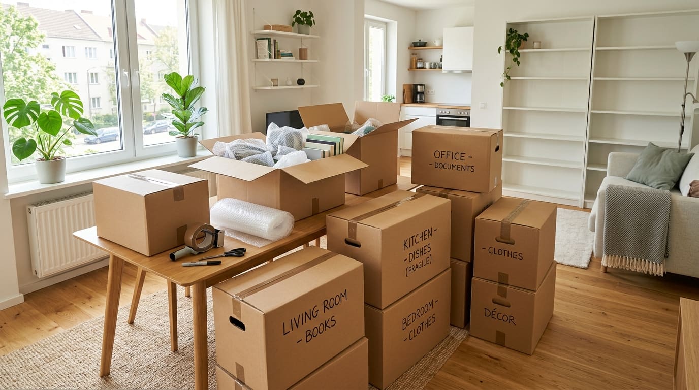 Stack of moving boxes labeled by room, such as kitchen, bedroom and living room, on and around a table with packing tape.
