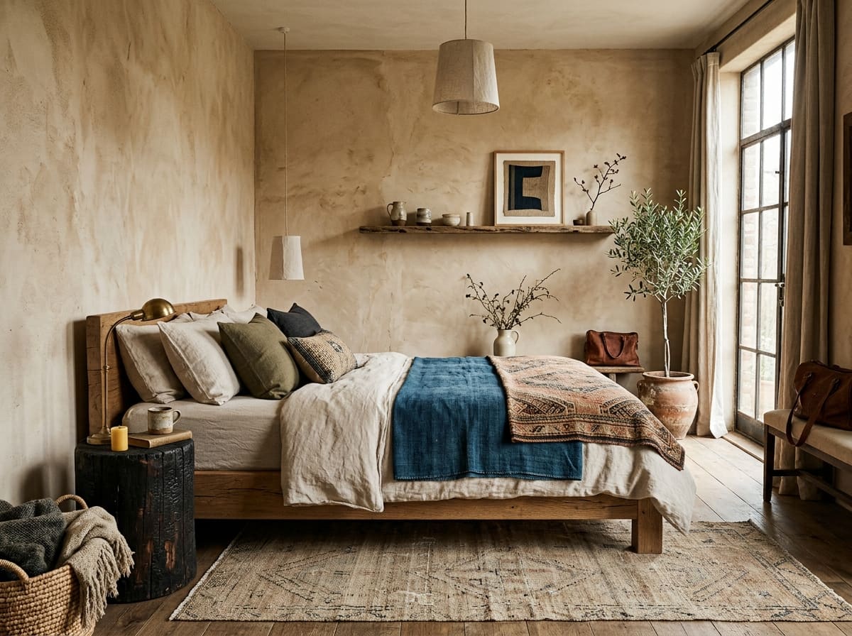 Bedroom with a wooden bed, neutral linen bedding, blue throw blanket, floating shelf, and a potted olive tree.