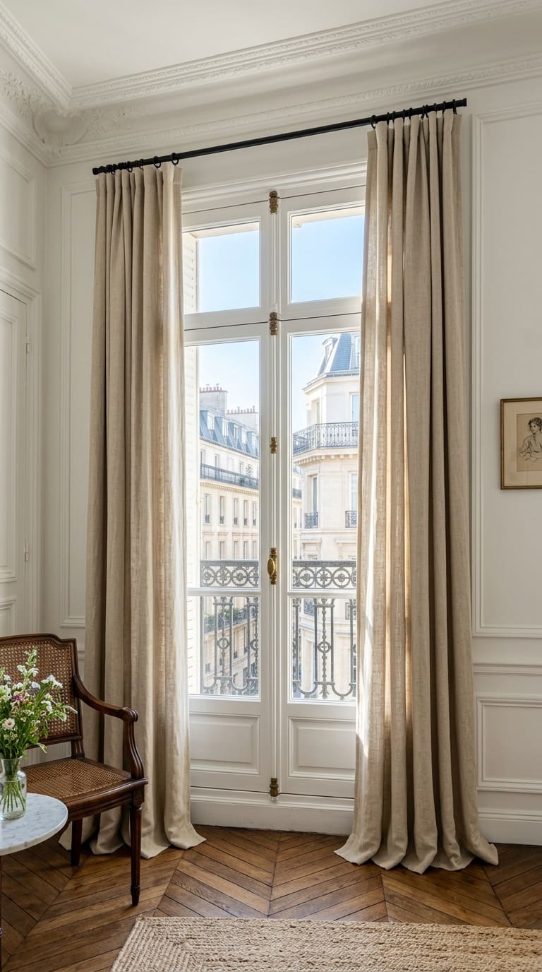 Tall window draped with neutral floor-length curtains next to a wooden armchair and parquet flooring.