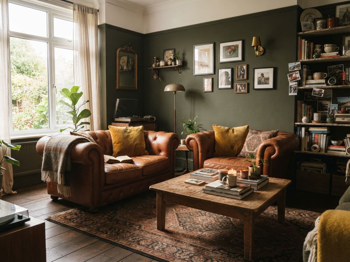 Living room featuring olive green walls, two leather tufted armchairs, a wooden coffee table, and a patterned rug.