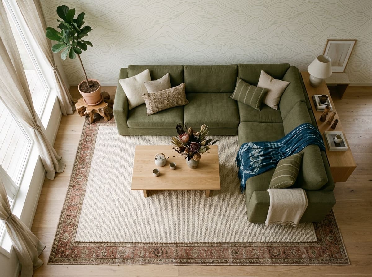 Overhead view of a living room showing an olive green sectional sofa, coffee table, and area rug.
