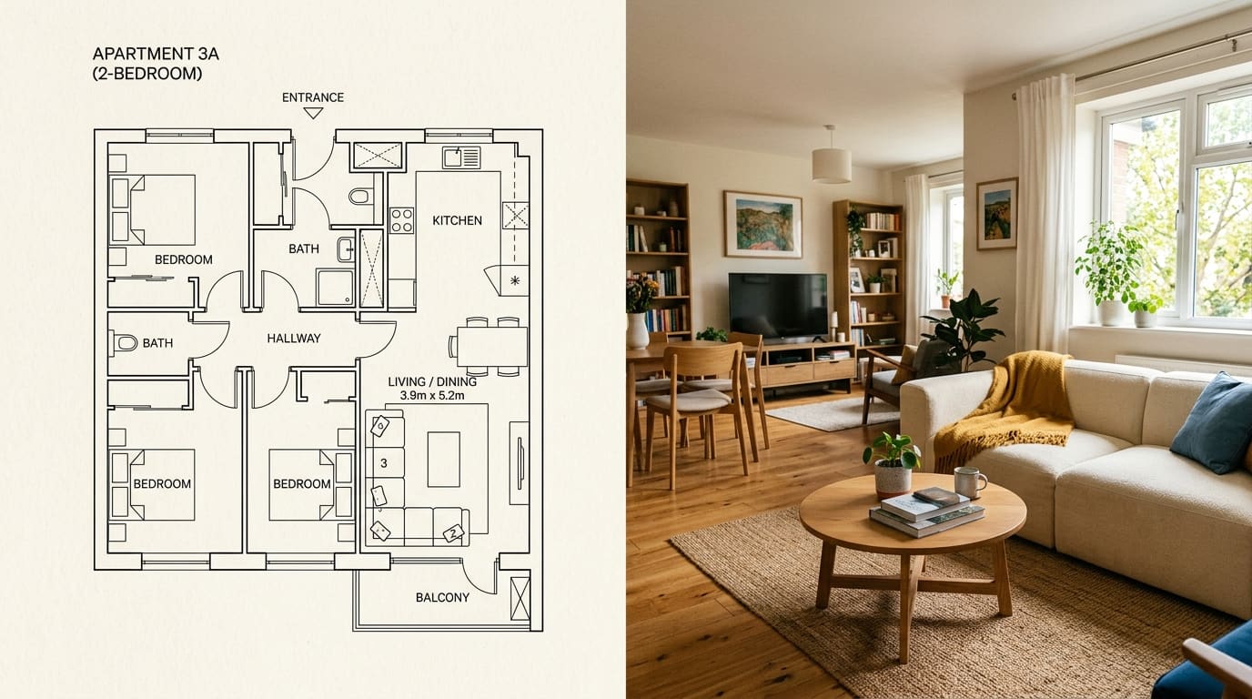A two-bedroom apartment floor plan next to a photo of the furnished living and dining room it describes.