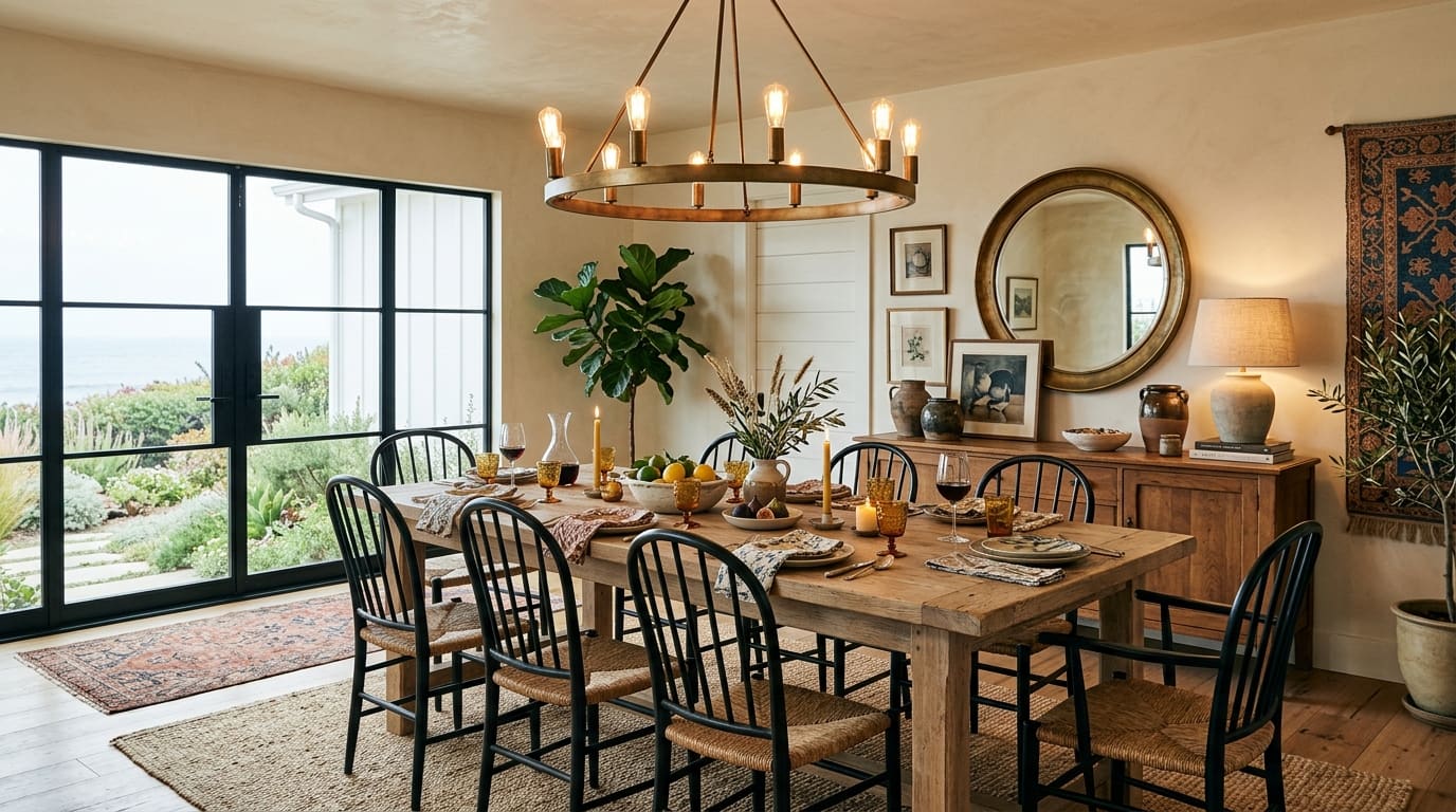 Dining room with a long wooden table, black spindle chairs, circular brass chandelier, and mirror.