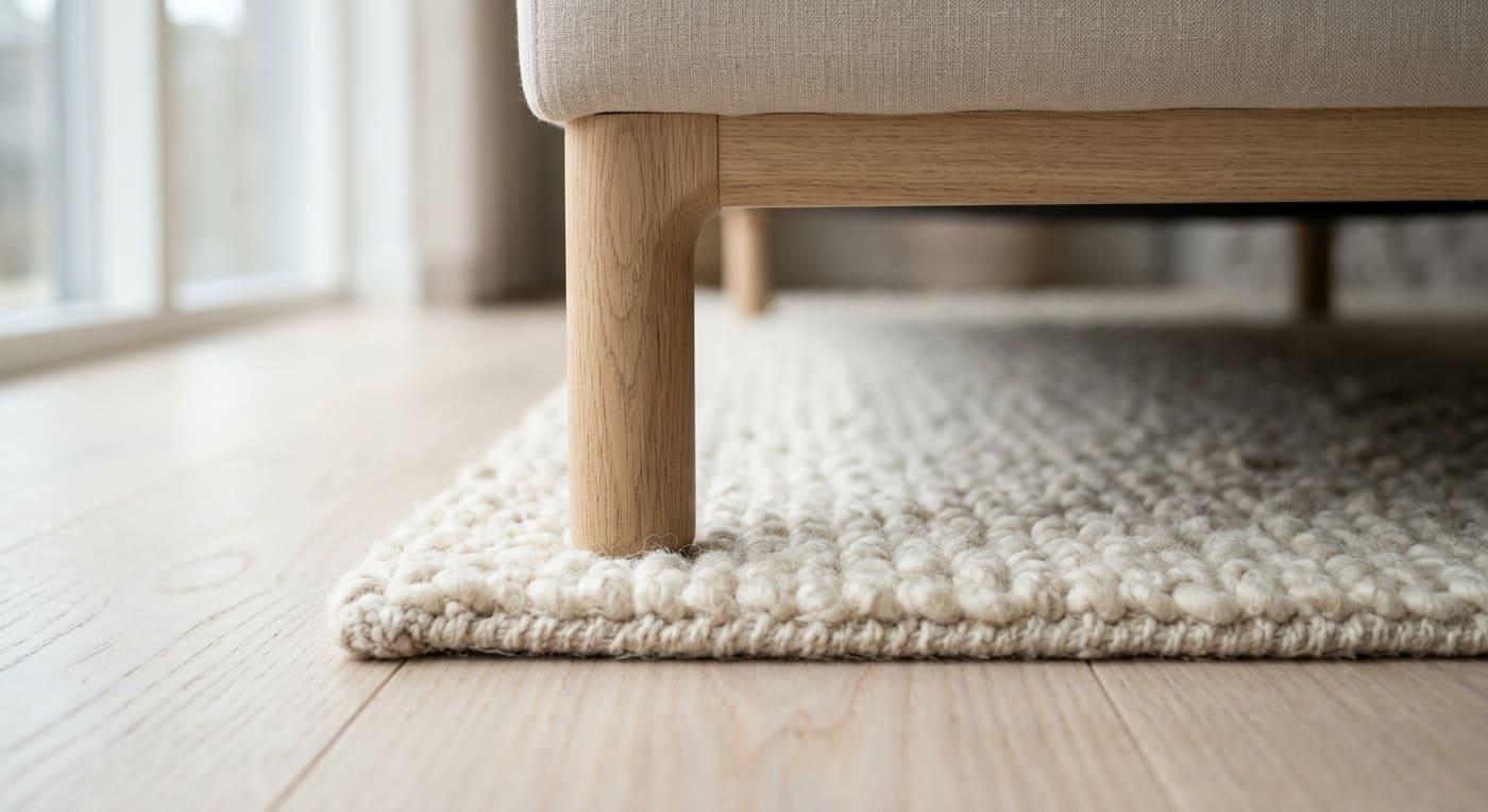 Close-up showing a wooden sofa leg resting on a textured cream-colored loop rug on a light wood floor.