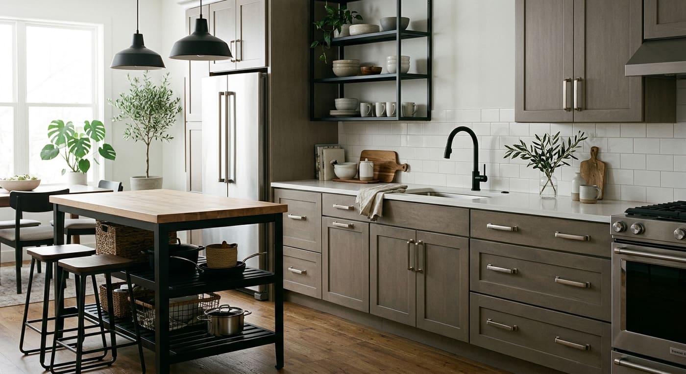 Kitchen mixing three metal finishes: matte black faucet, pendants and shelving against brushed nickel cabinet handles and stainless steel appliances.