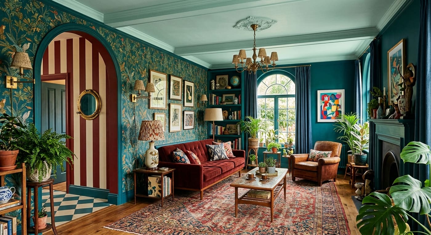 Living room with teal walls, a dark red sofa, a patterned rug, and an arched entryway with striped walls.