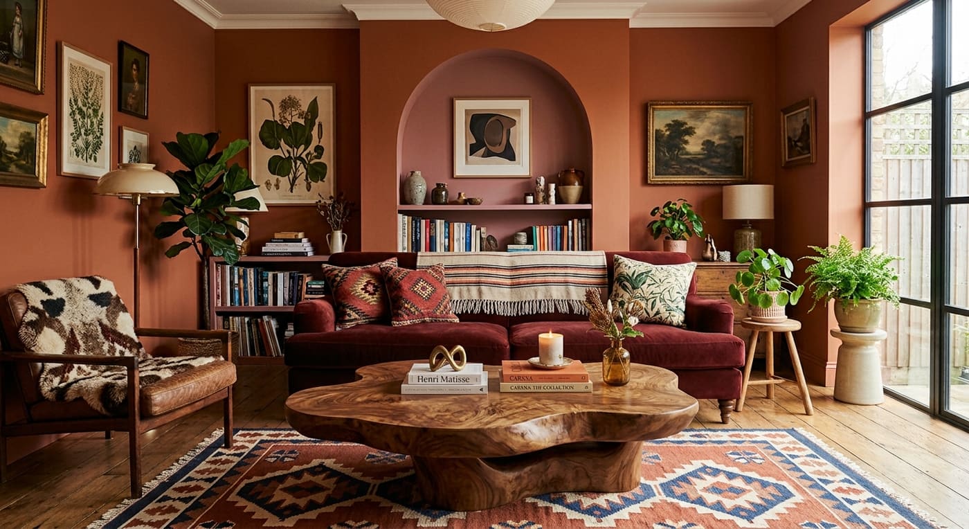 Living room with terracotta walls, a red sofa, organic-shaped wooden coffee table, and patterned rug.