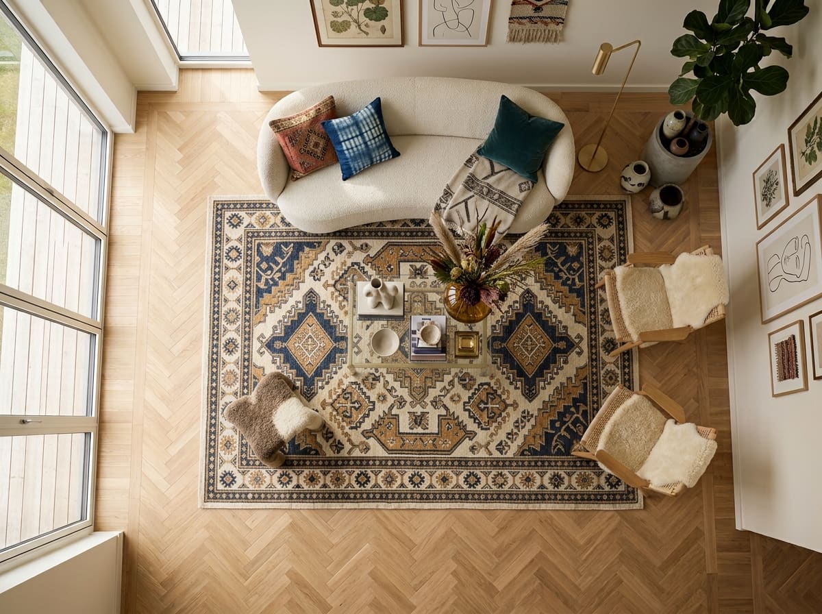 Overhead view of a living room featuring a curved cream sofa, patterned area rug, glass coffee table, and two wooden armchairs.