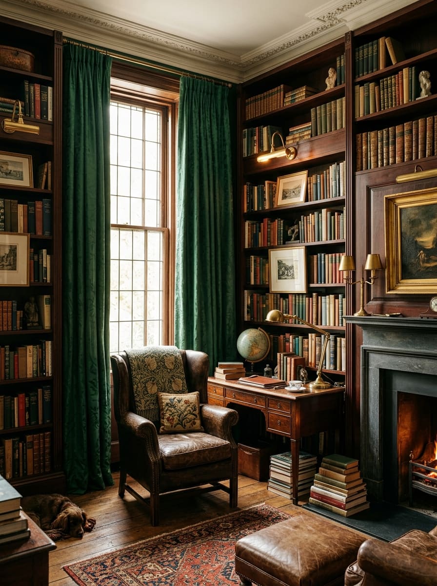 Home library featuring dark wood bookshelves, a green velvet curtained window, and a leather armchair.