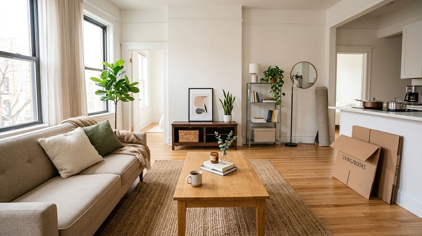 Newly moved-in apartment living room with a sofa, coffee table and a few basics, and flattened boxes against the kitchen counter.