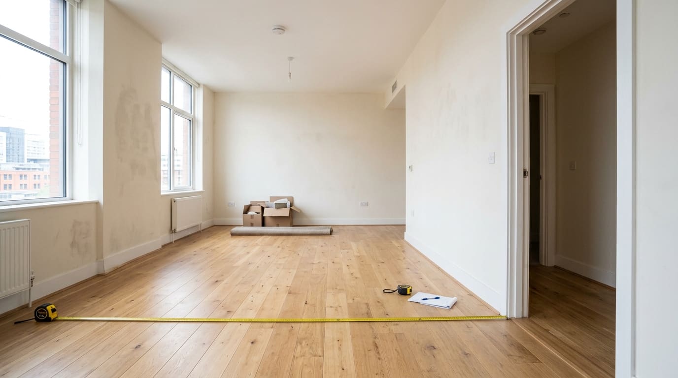 Empty apartment room with wood floors and a tape measure stretched across the floor next to a notepad.