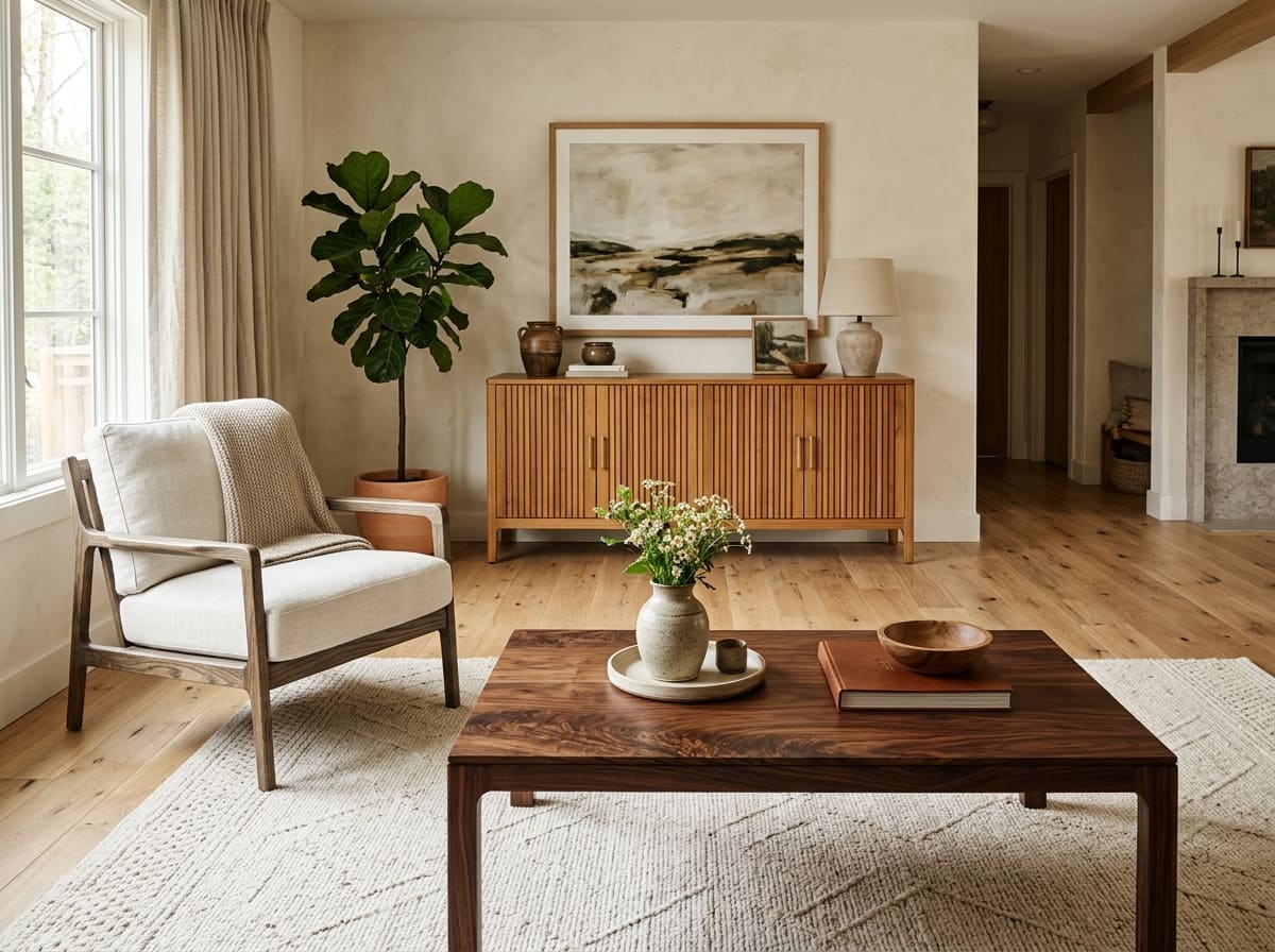 Living room with a wooden coffee table, cream armchair, credenza, fiddle leaf fig, and fireplace in the background.