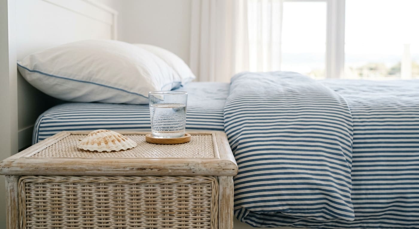 Bedroom detail featuring a woven bedside table, glass of water, and striped bedding.