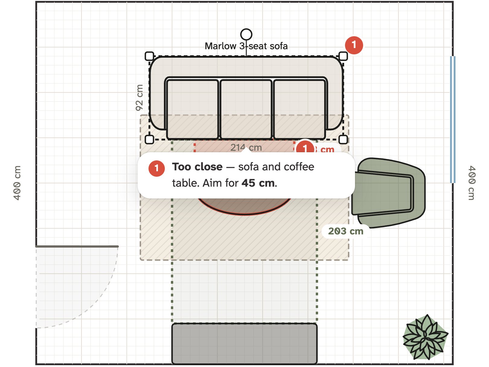 A floor plan in Nooked showing a 3-seat sofa too close to a coffee table, with a warning that says to aim for 45 cm (18 in)