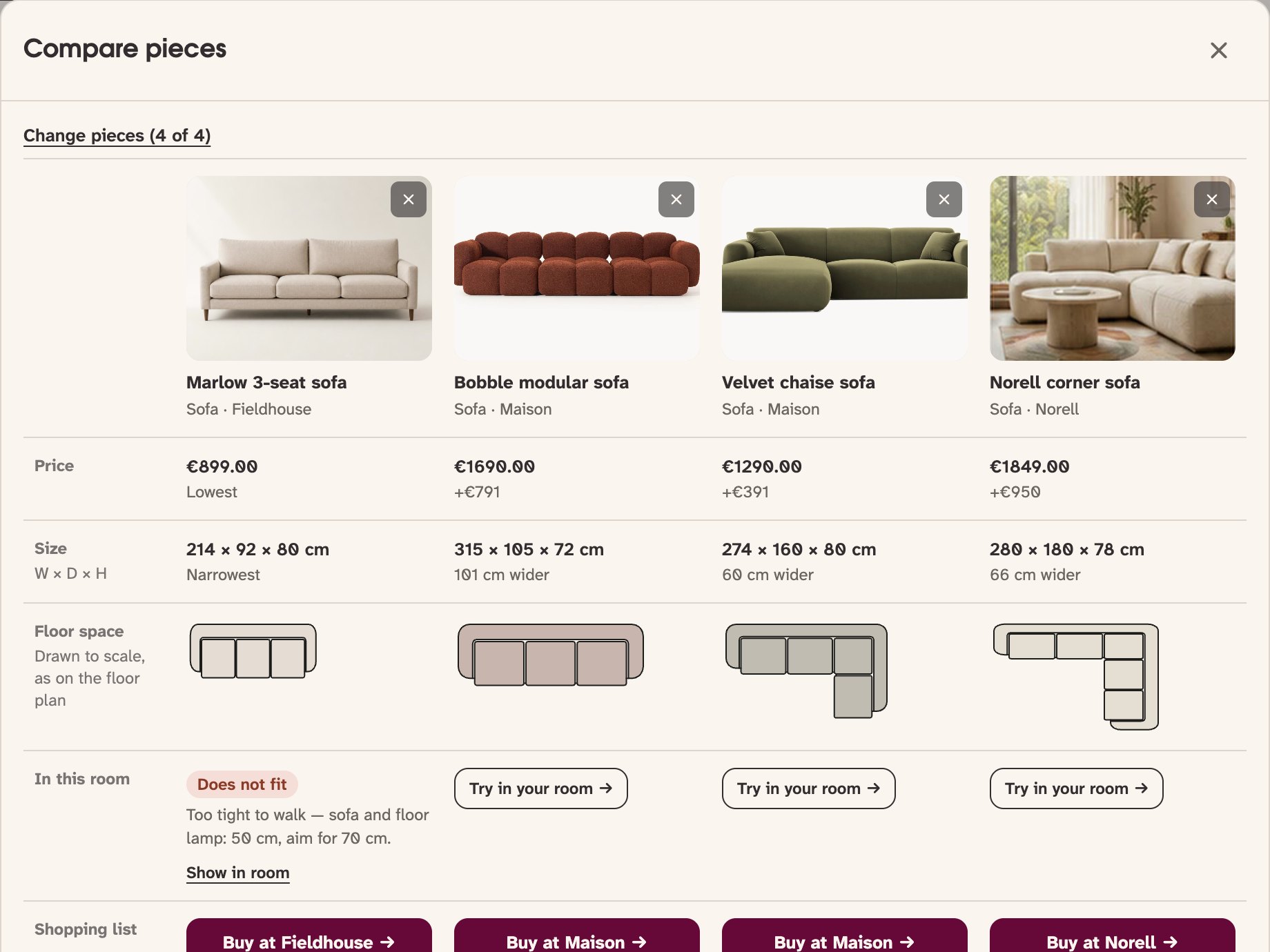 Nooked's compare view with four sofas from different shops side by side, showing price, size, floor space drawn to scale and whether each fits the room