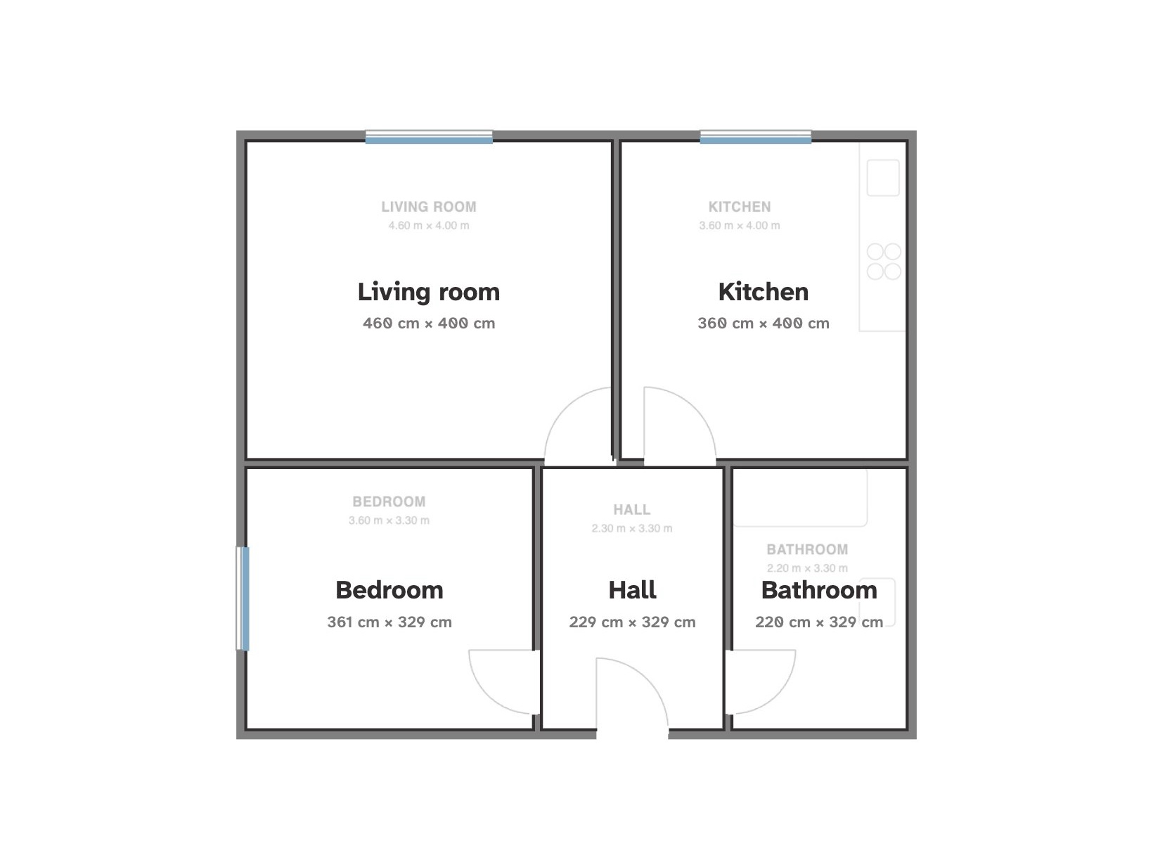 A floor plan of an apartment with a living room, kitchen, bedroom, hall and bathroom, with doors and windows marked and each room's size shown