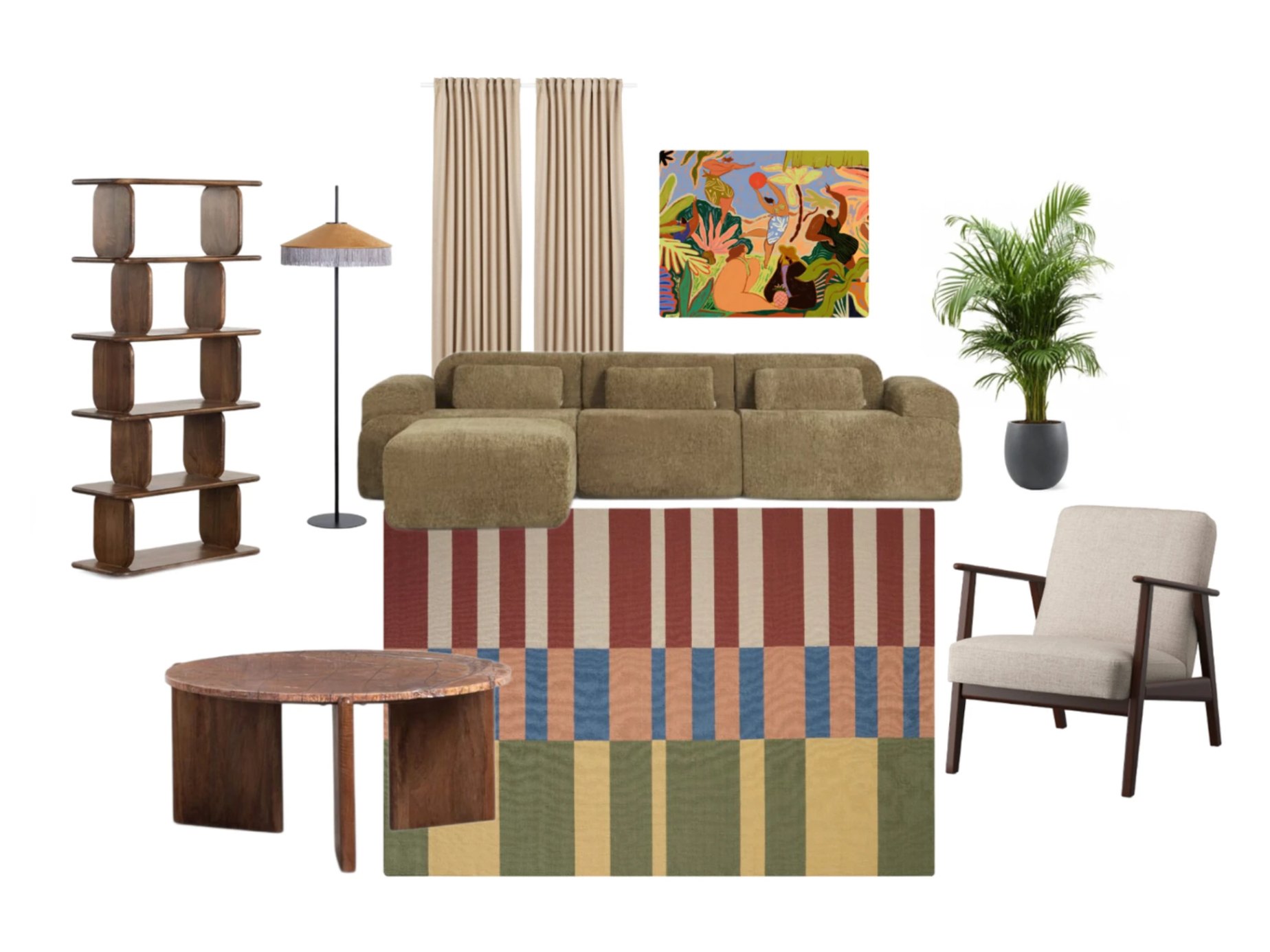 A Nooked moodboard with a green boucle sofa, round wooden coffee table, striped rug, armchair, floor lamp, curtains, bookshelf, plant and artwork